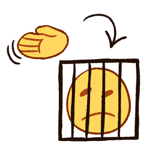  A drawing of an open emoji yellow hand with two motion marks next to it, indicating that it is asking for something. There is a black arrow pointing from the hand to a head with a sad expression, looking up at the hand, in a cage.